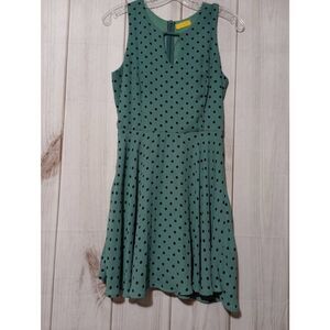 Dee Elle Dress Ladies Small Green Black PolkaDot Sleeveless Fit and Flare Knee L